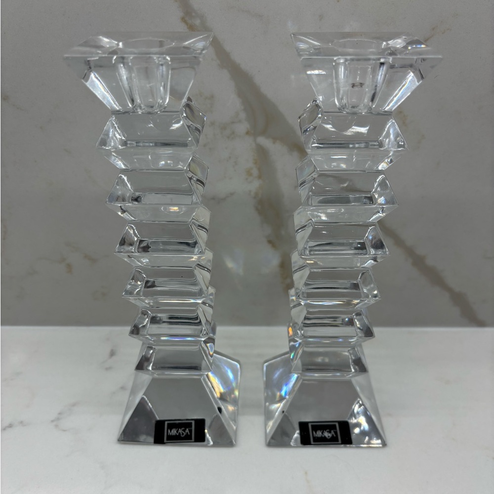 Vintage Pair of Mikasa Pagoda Slovenia Lead Crystal Candle Holders Heavy